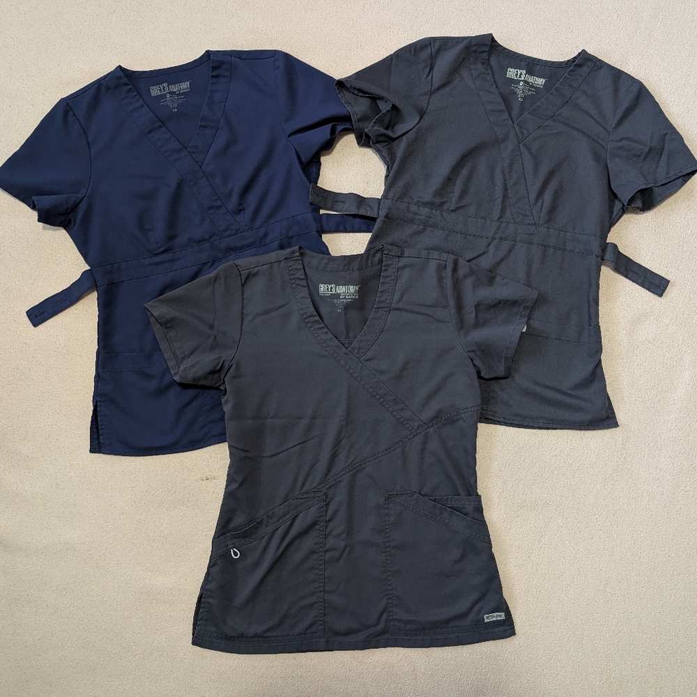 Lot of 3 Grey's Anatomy Scrub Tops Size XS V-Neck Gray/Blue
